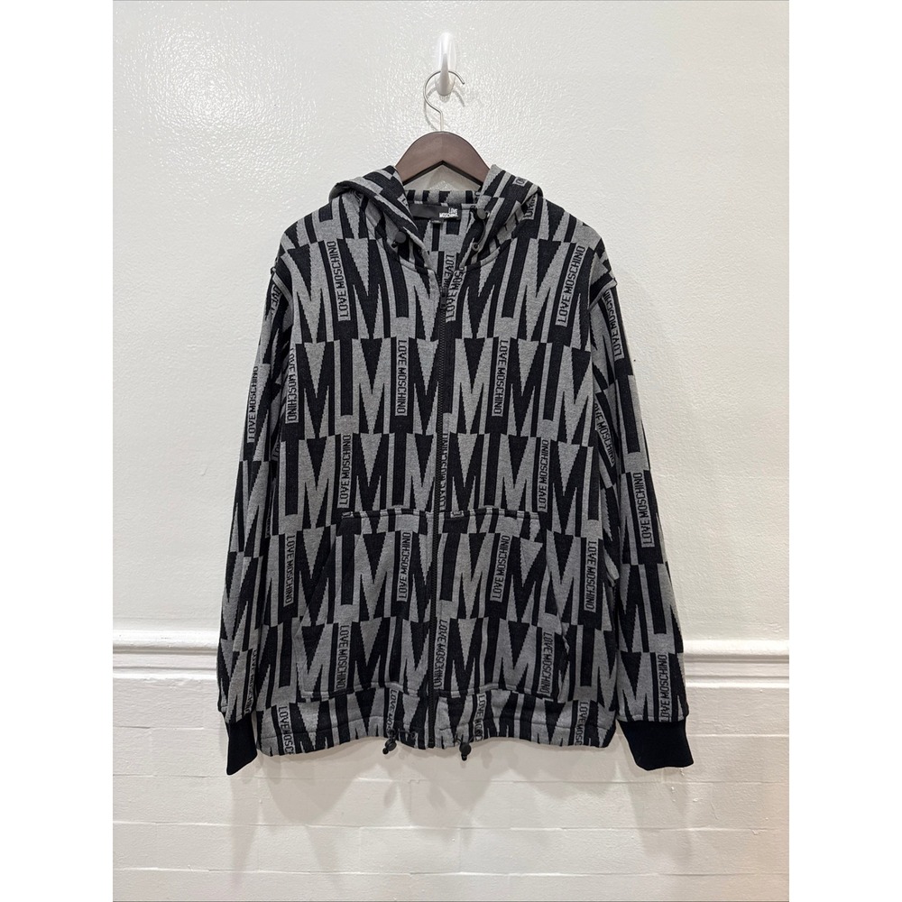 Love Moschino Full Zip Hoodie Mens Medium Grey Black Excellent Logo Monogram